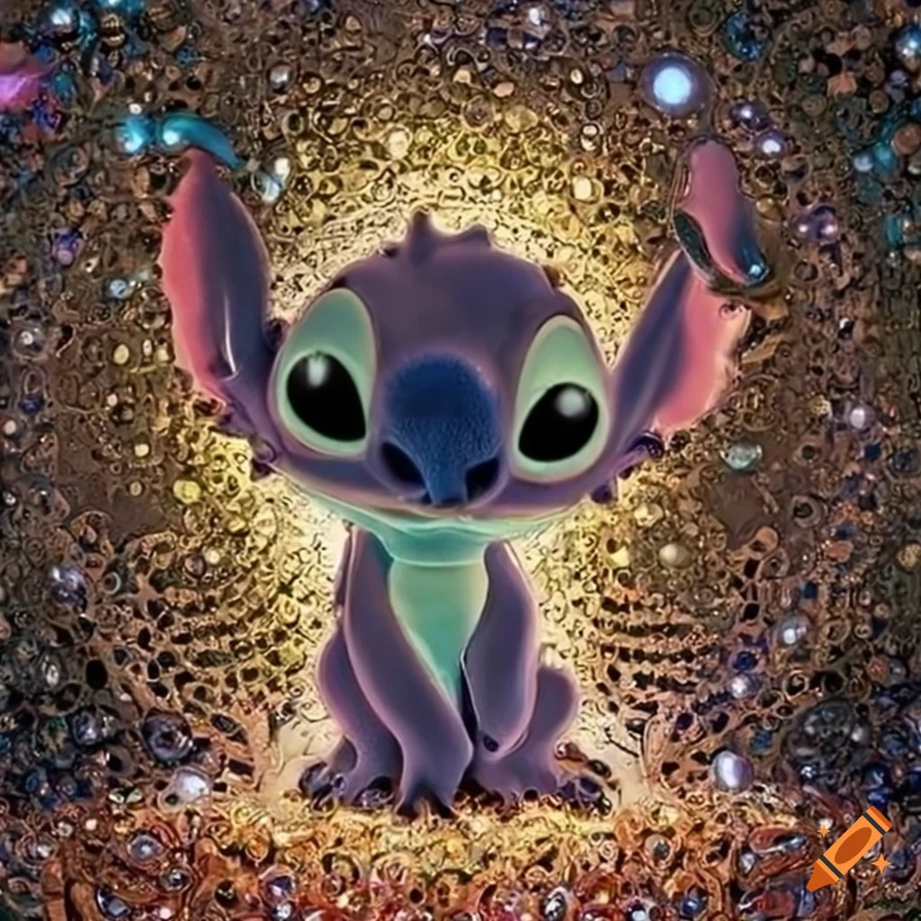 Stitch from Disney surrounded by crystals and gears
