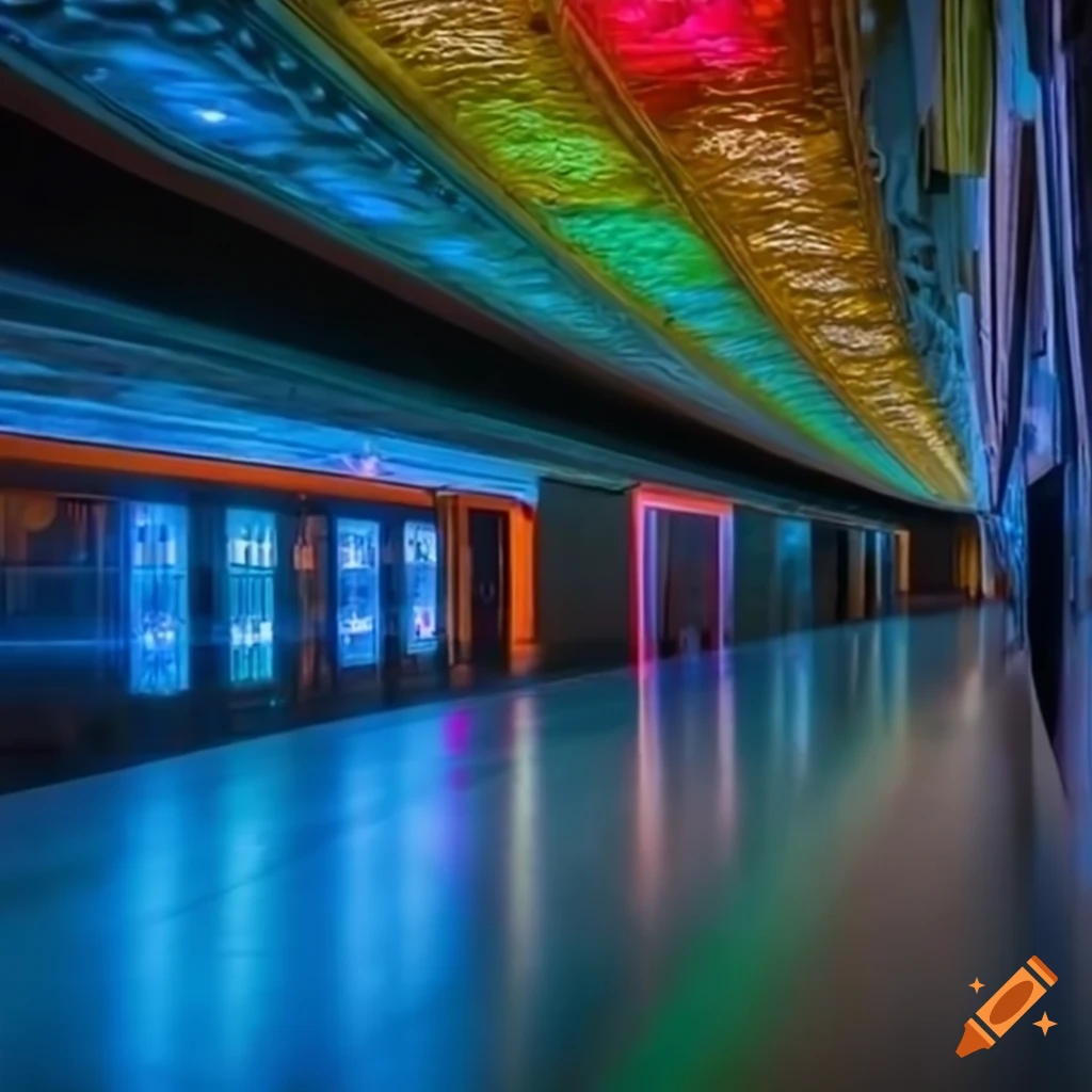 Mall with colorful LED lights and no windows reminiscent of backrooms