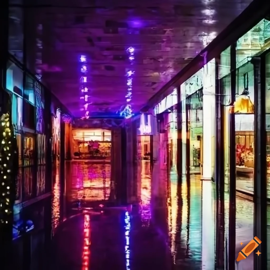 Mall with colorful LED lights and no windows reminiscent of backrooms