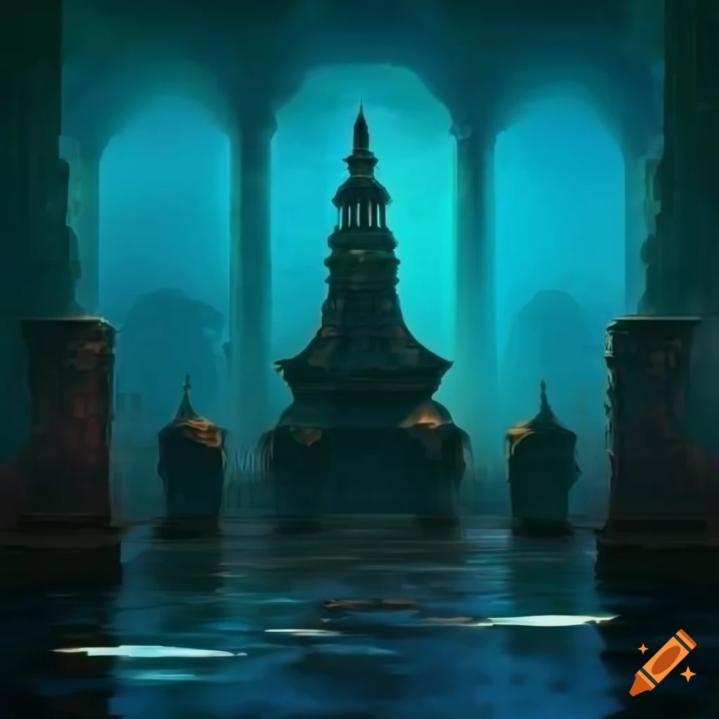Temple room with caustic water and colorful gemstones in dim light