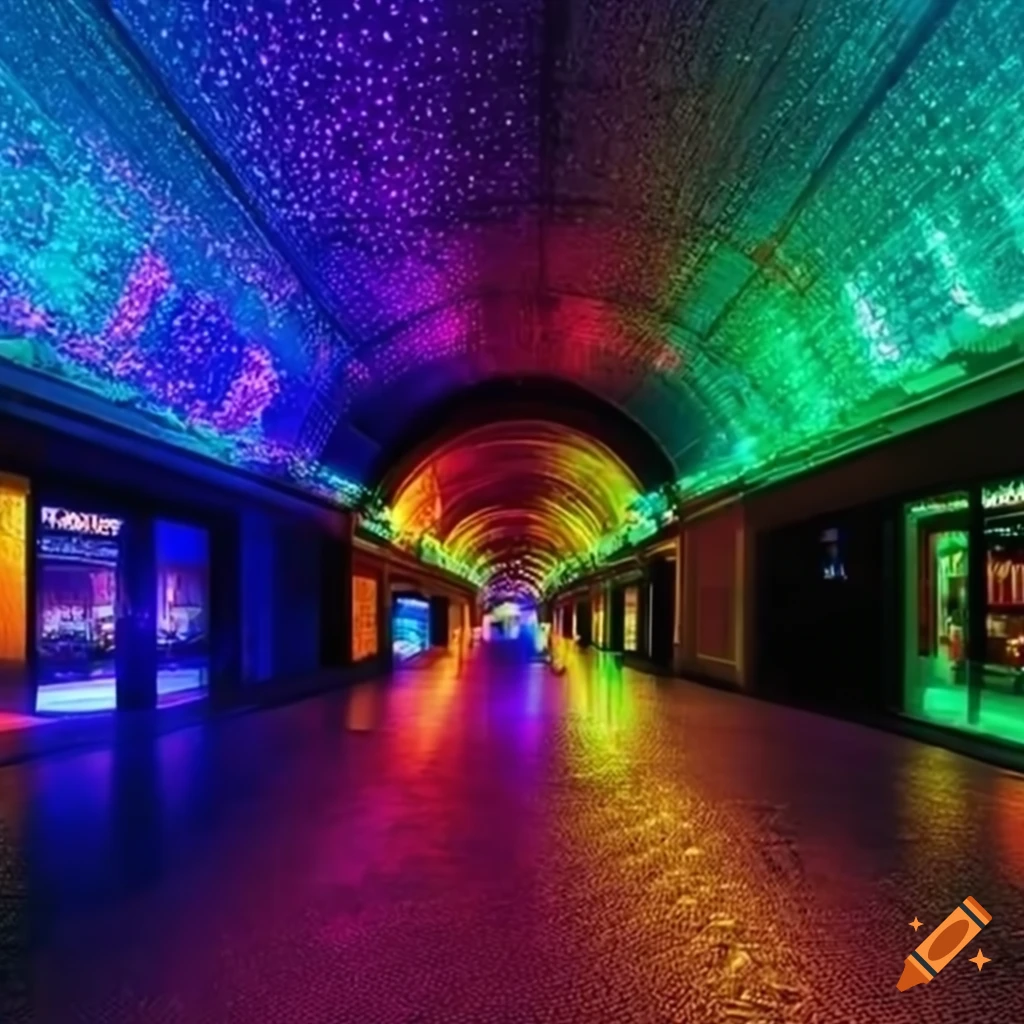 Mall with colorful LED lights and no windows reminiscent of backrooms