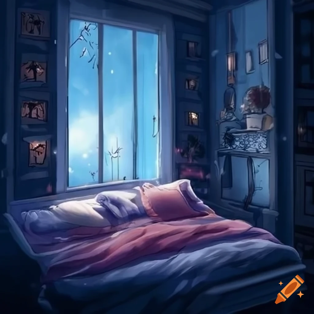 Cozy anime style bedroom with a winter view from the window