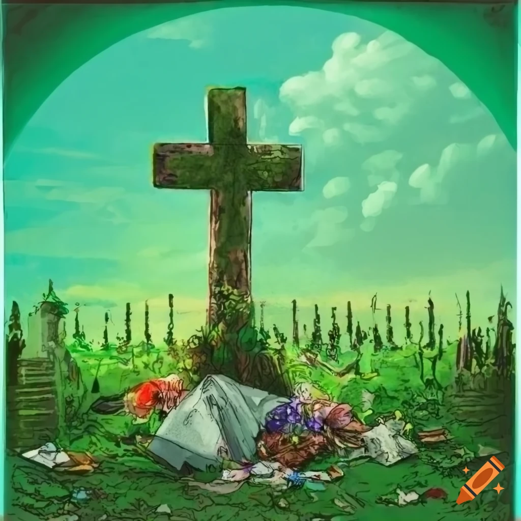 Lonely grave on a sunny day surrounded by garbage and a blank cross