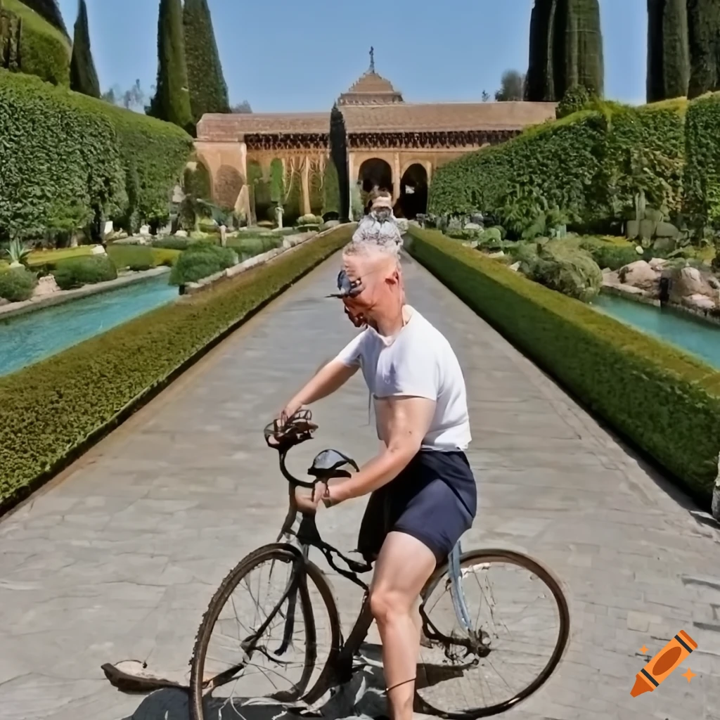 Bald man biking through Alhambra gardens