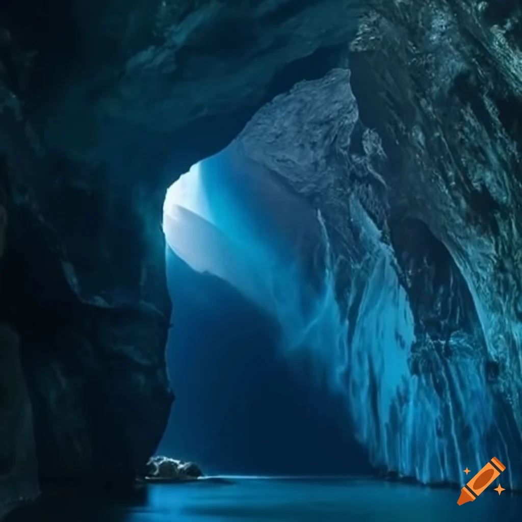Underwater scene with rising air bubbles, sunken buildings, and a deep dark underwater canyon
