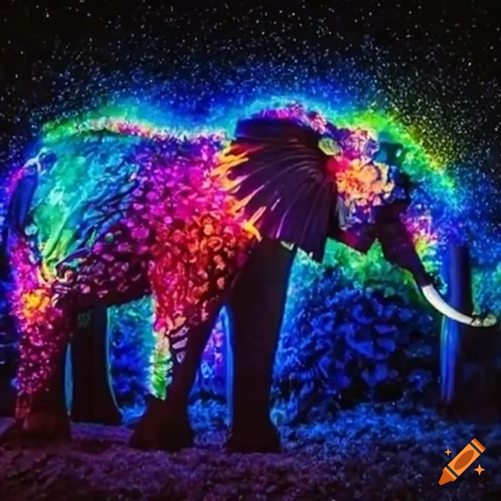 Magical elephant sculpture made of luminescent flowers in a desert under a starry night
