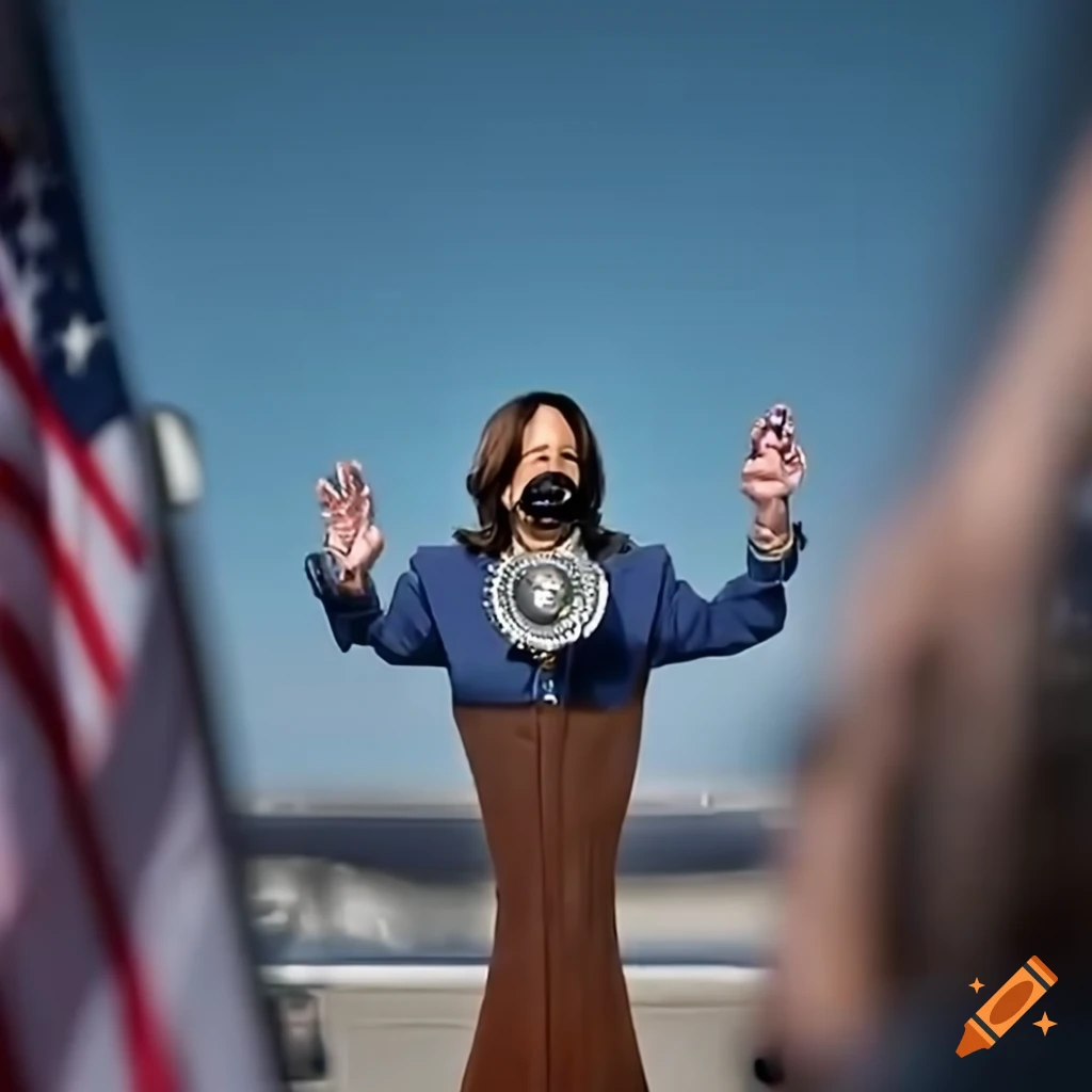 Kamala Harris speaking in front of a crowd with Air Force One in the background