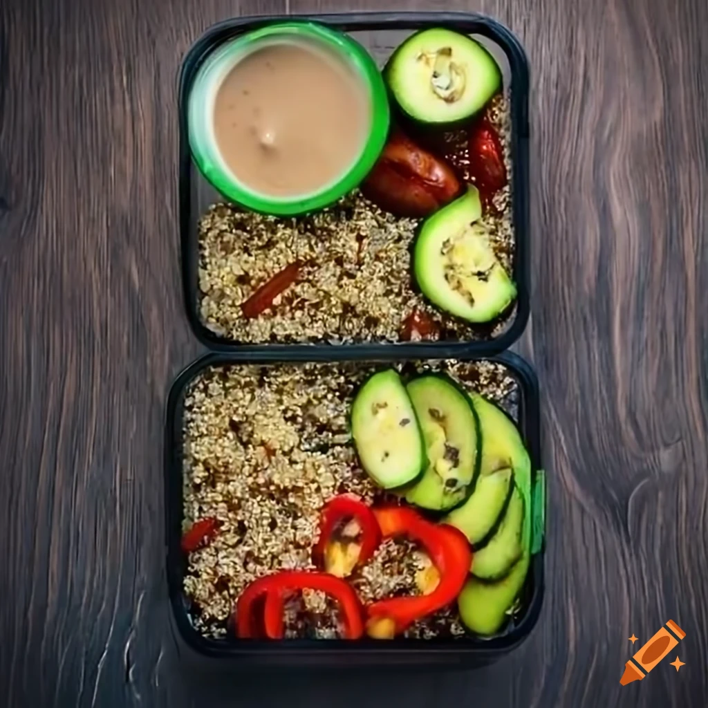 Healthy meal-prep bowl with quinoa, roasted vegetables, avocado, and tahini dressing