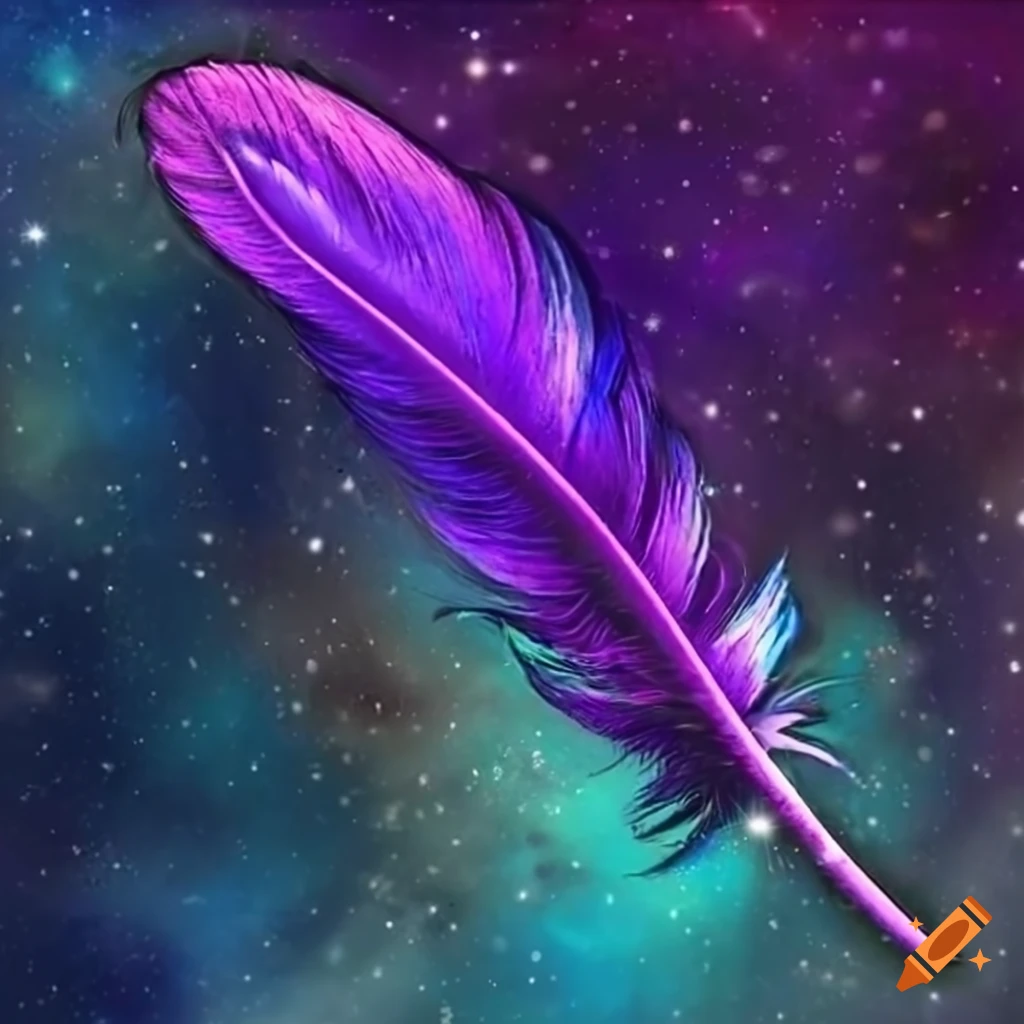 Magic purple bird feather with dark rainbow sparkles in space