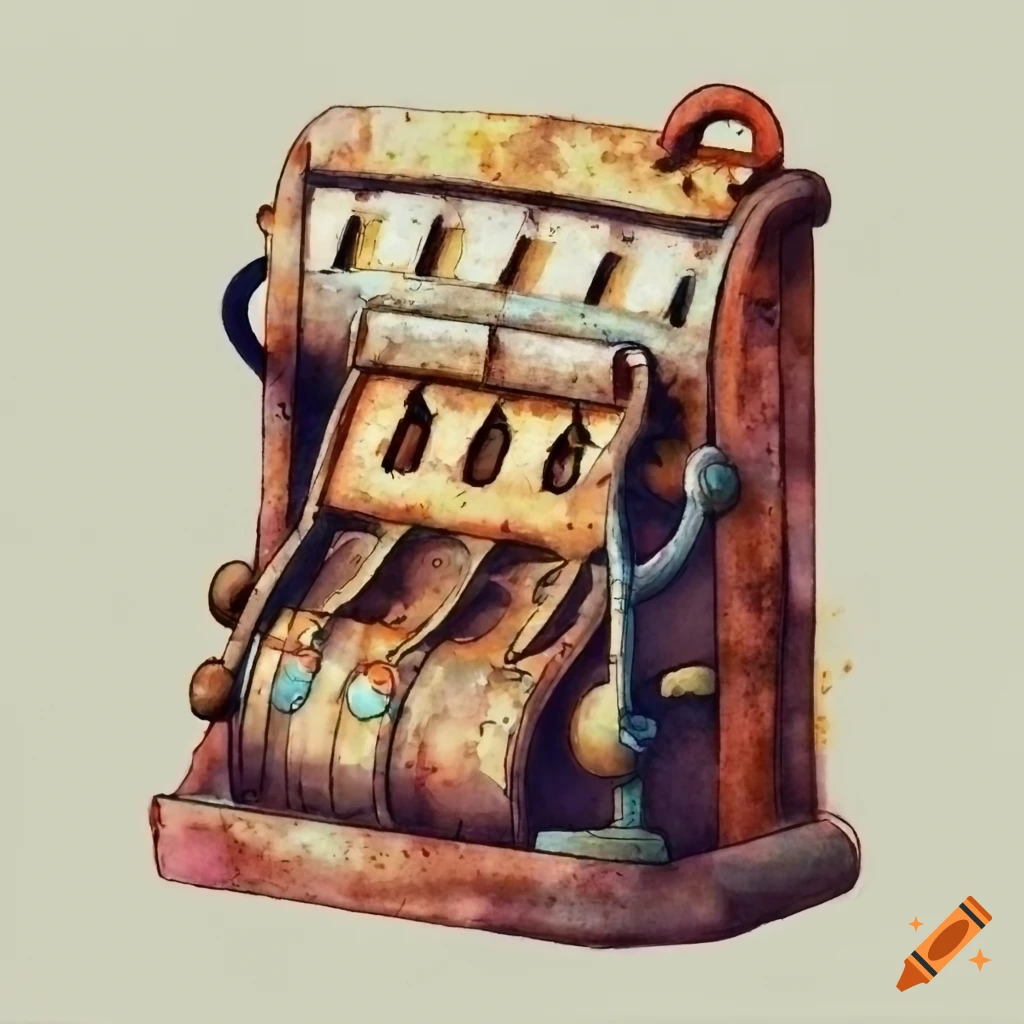 Rusty steampunk slot machine in watercolor style