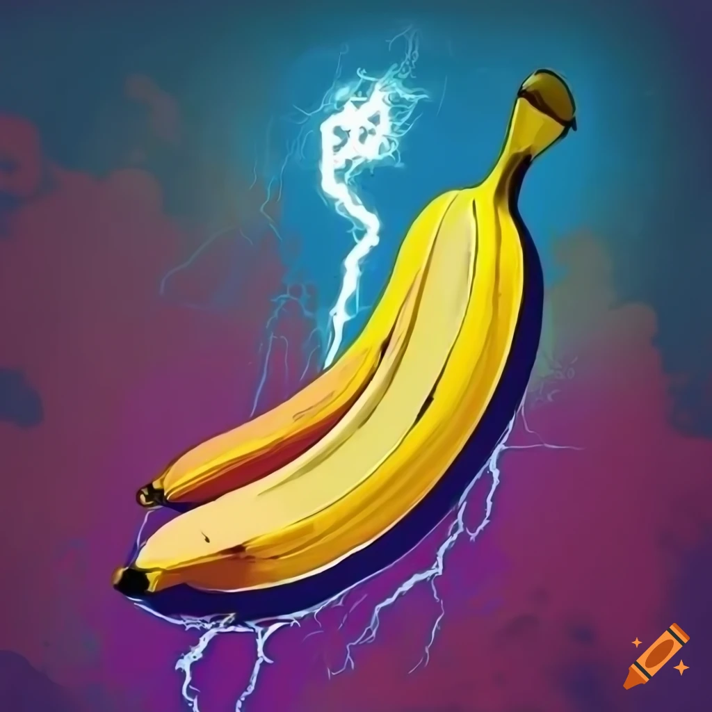 Vibrant pop art with electric lightning bolts and a yellow banana