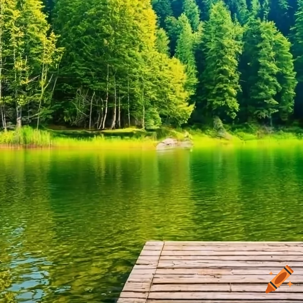 Beautiful lake with wooden dock leading to quaint greenery-covered isle