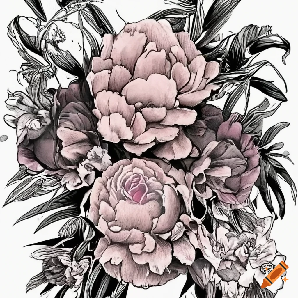 Tattoo of pink and white peonies, mimosa flowers, violet, daffodil, and Christmas rose on forearm