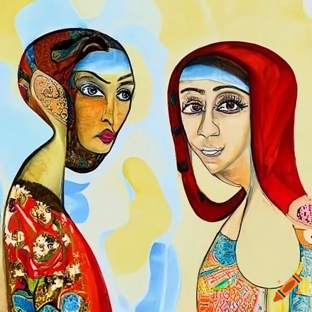 Vibrant depiction of Iranian aunts engaged in everyday conversations and activities