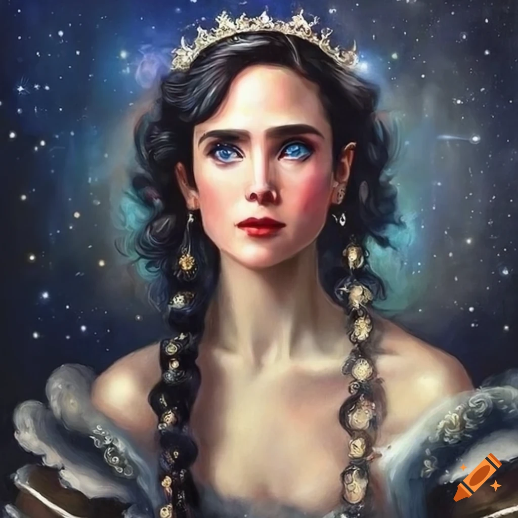 Baroque painting of young Princess Jennifer Connelly under a starry night sky