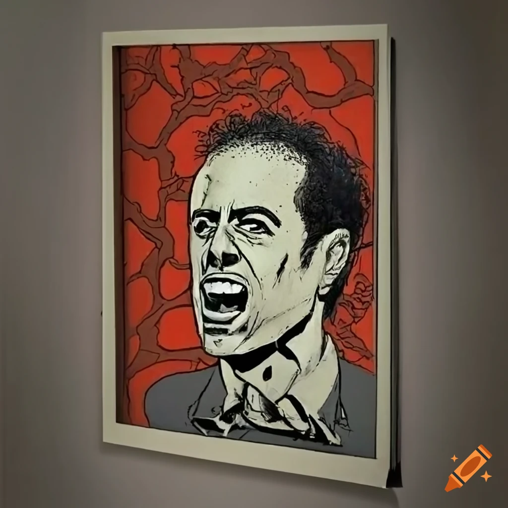 Surreal screaming head of Jerry Seinfeld in an institutional bathroom