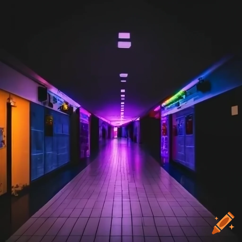 Mall with colorful LED lights and no windows reminiscent of backrooms
