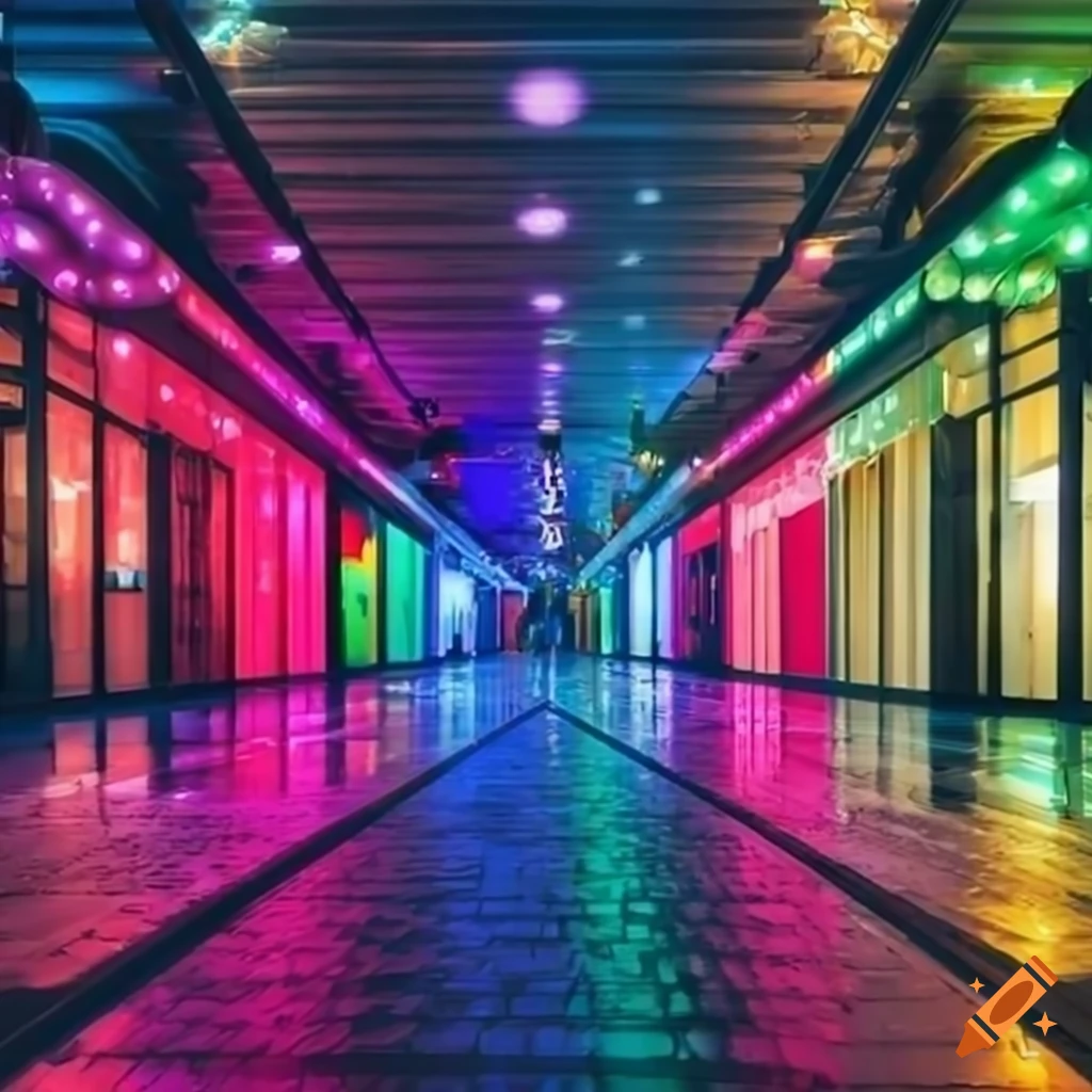 Mall with colorful LED lights and no windows reminiscent of backrooms