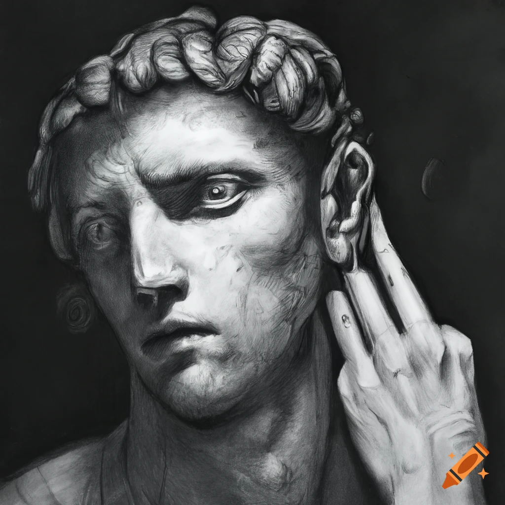 Intriguing pencil drawing of a man studying his fingertips