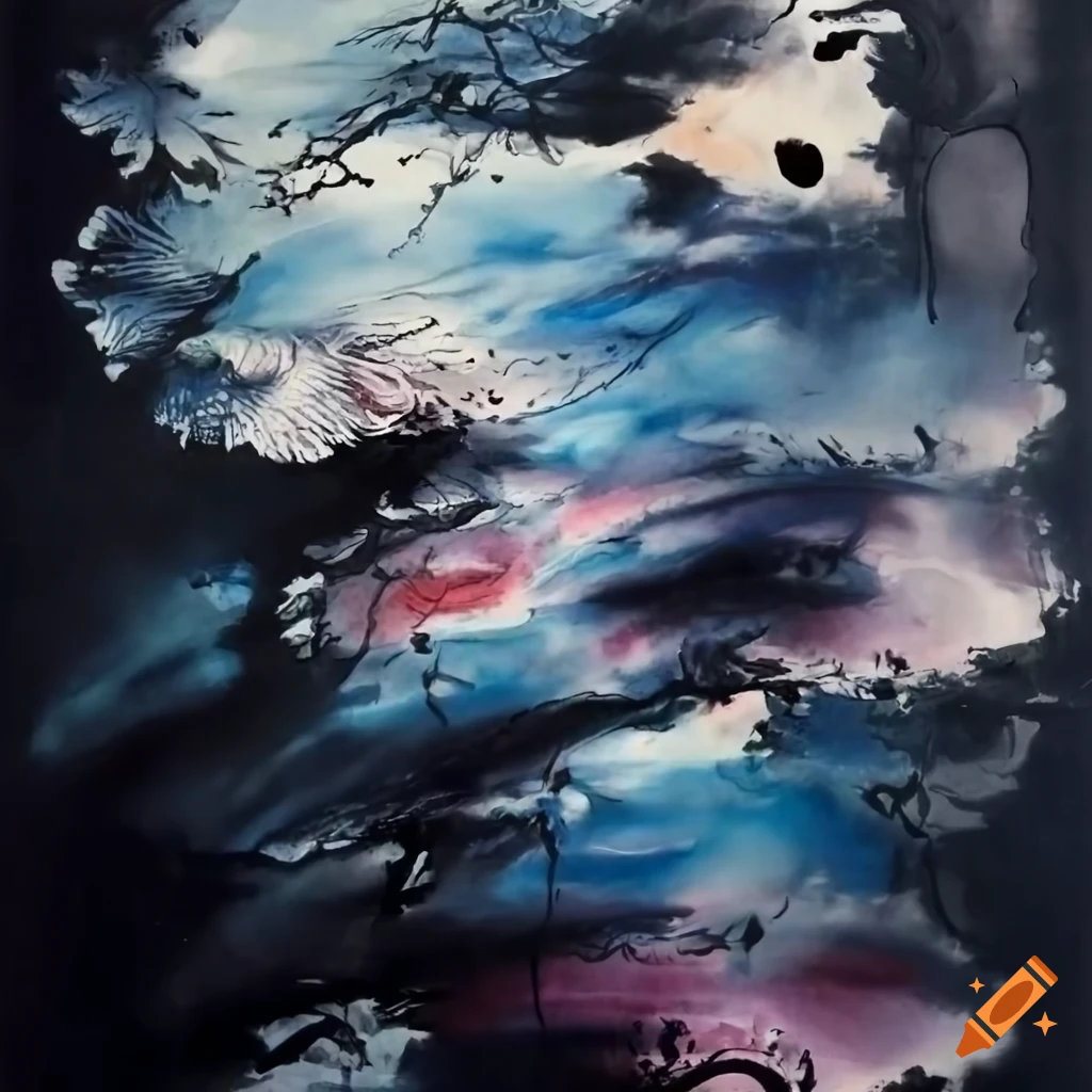Dreamy abstract art fusion with Chinese ink wash and silk painting elements