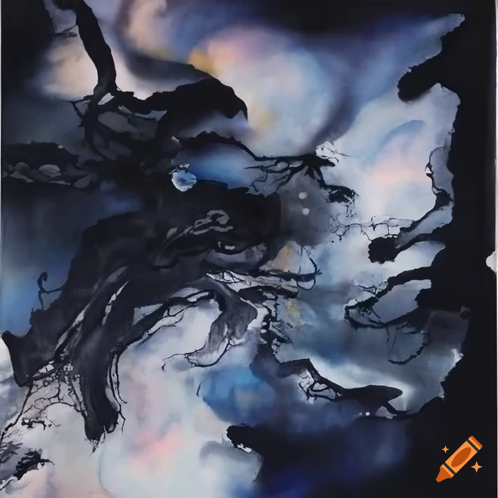 Dreamy abstract art fusion with Chinese ink wash and silk painting elements