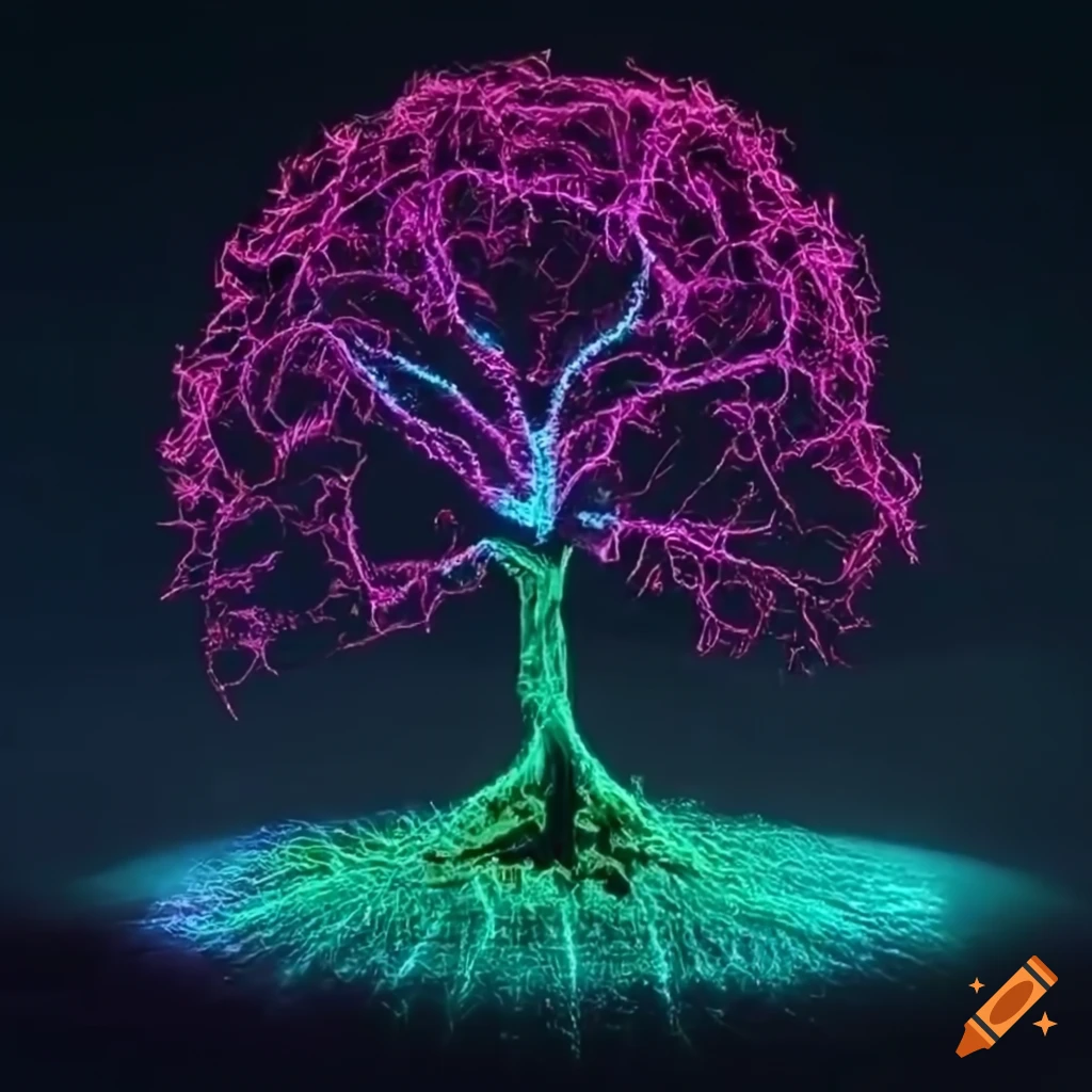 Holographic seed growing into neon-lit tree in a dystopian metropolis