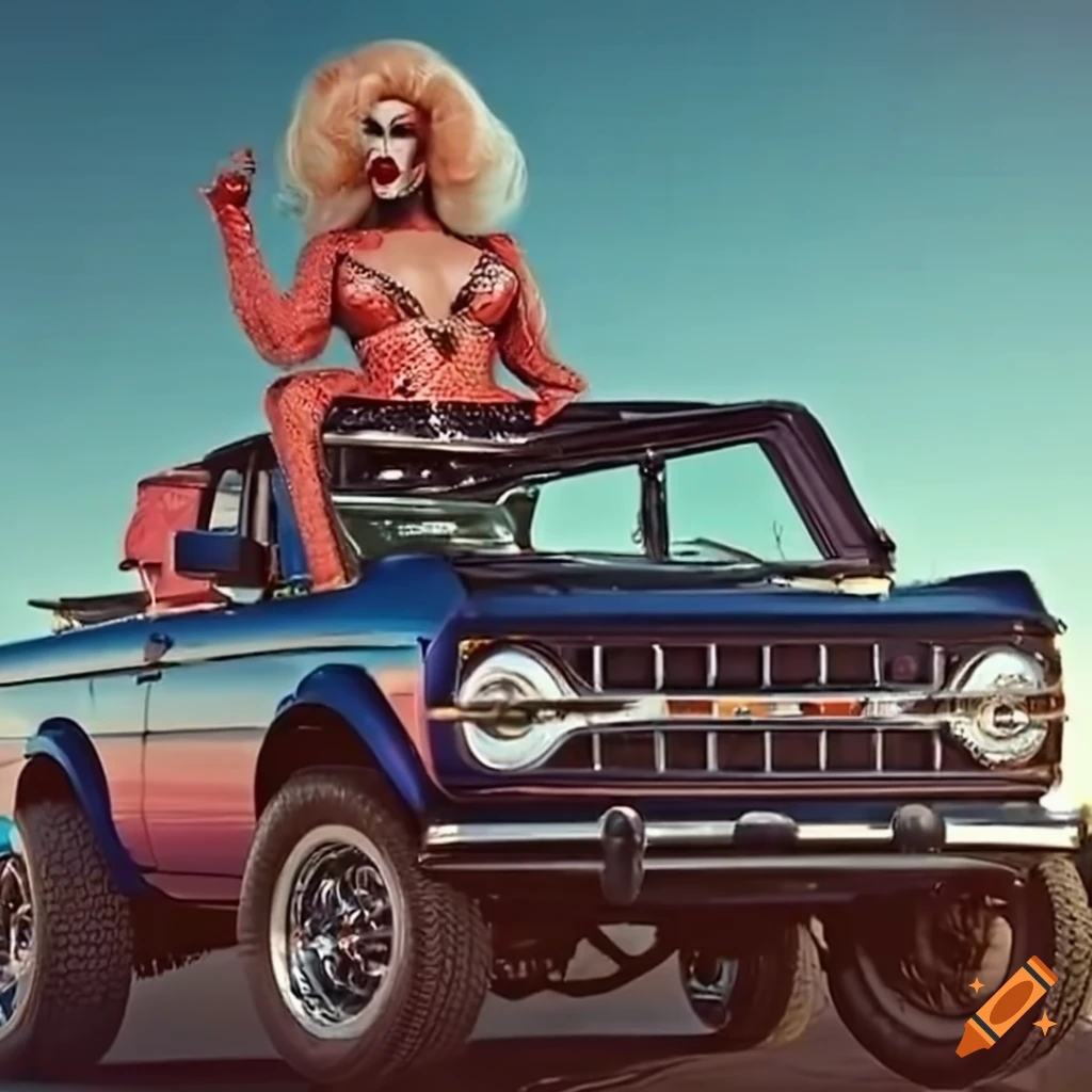 Drag queen driving a bronco