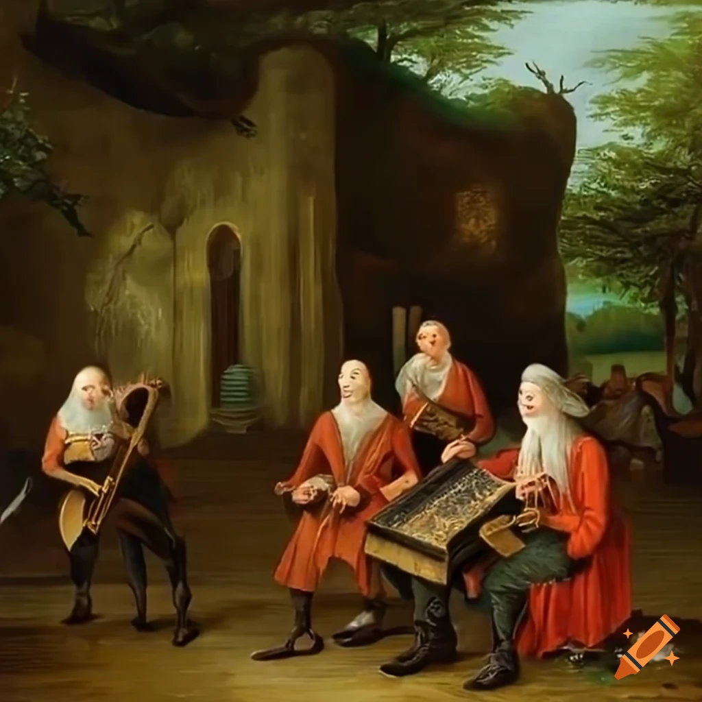 Enchanting quartet of wizards playing music in a lush forest in Brueghel style