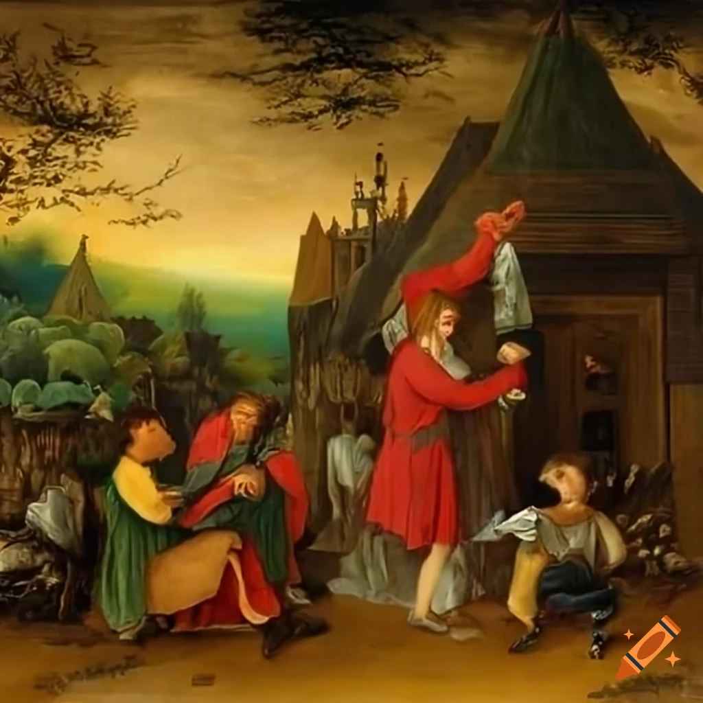 Four wizards playing flutes in a natural setting inspired by Brueghel paintings