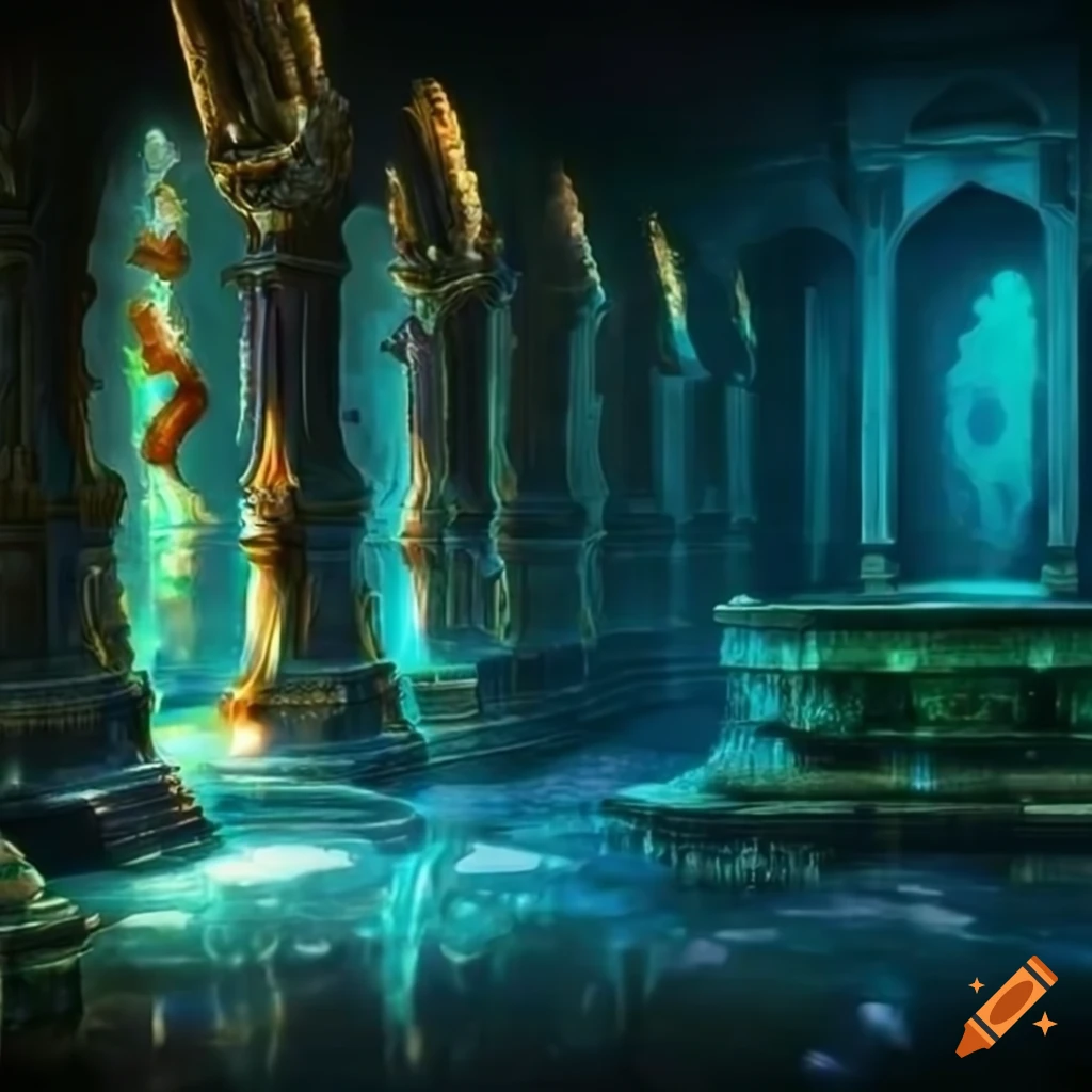Temple room with caustic water and colorful gemstones in dim light