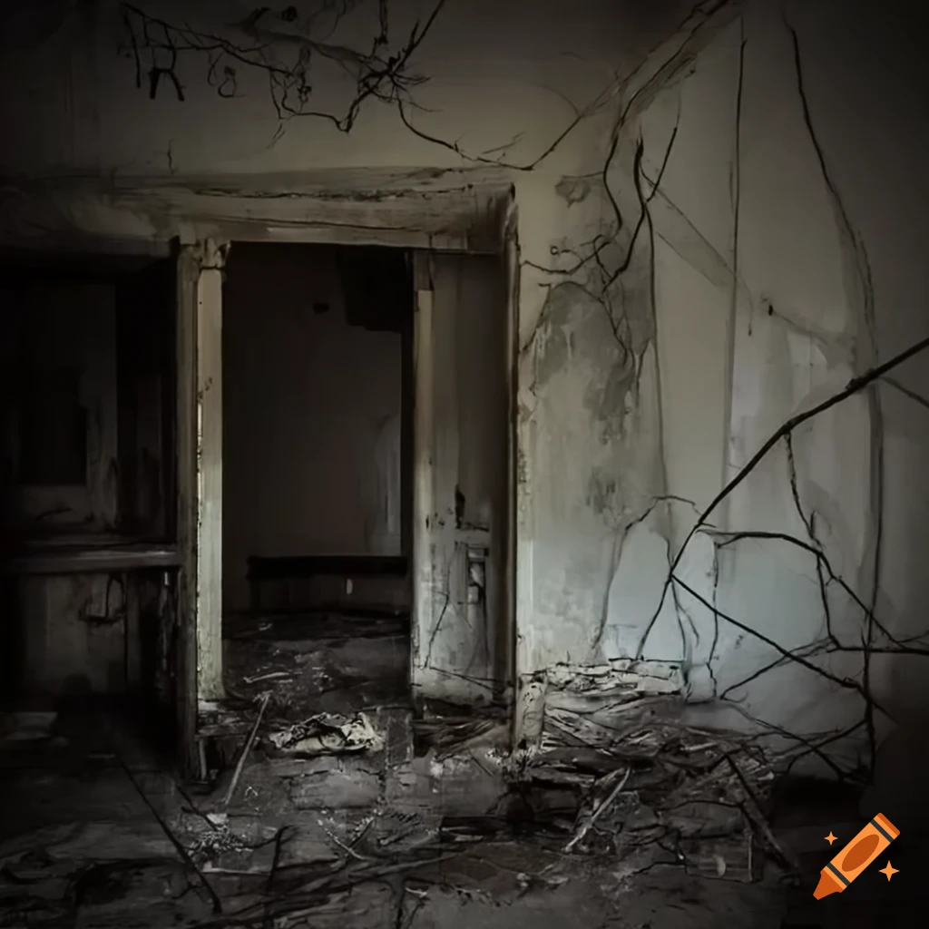 Creepy liminal room with glowing eyes and cobwebs in an abandoned building
