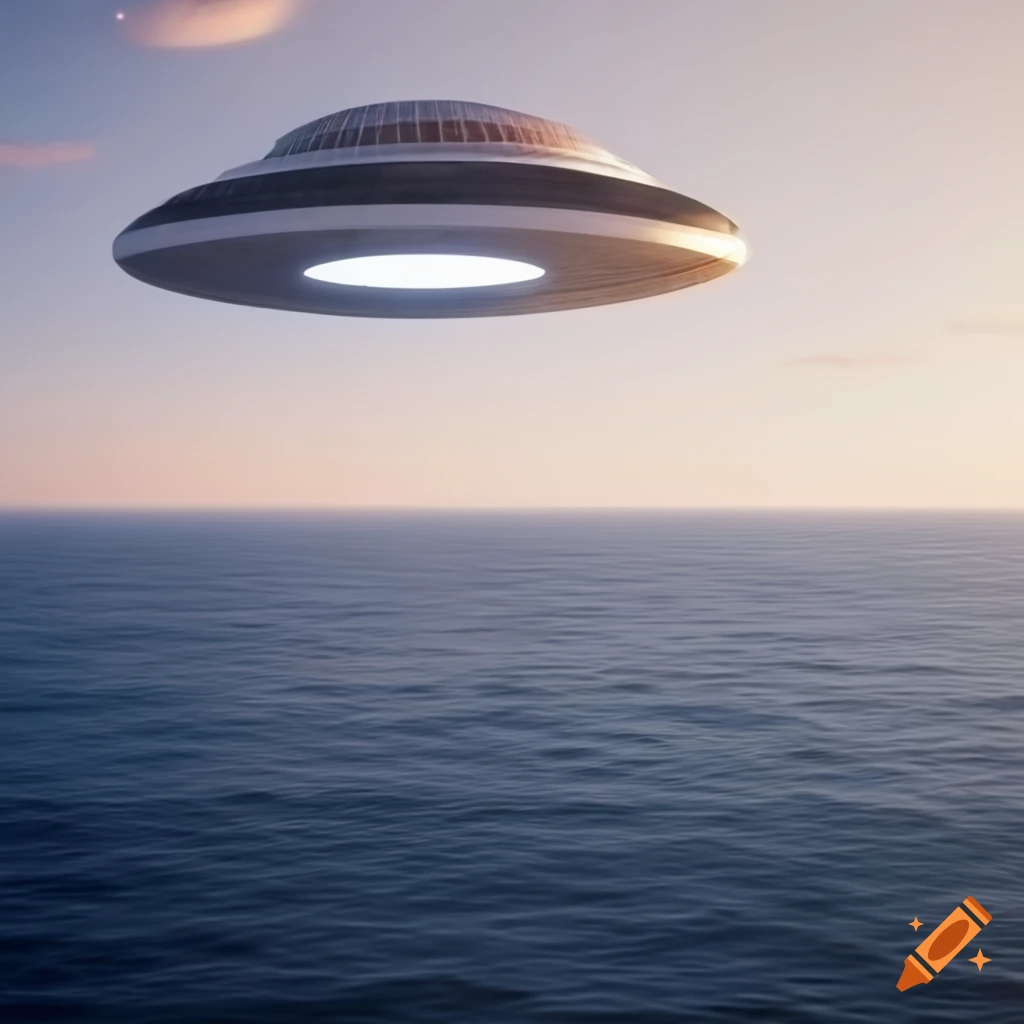 Classic UFO saucer flying above a bridge over the ocean in isometric view