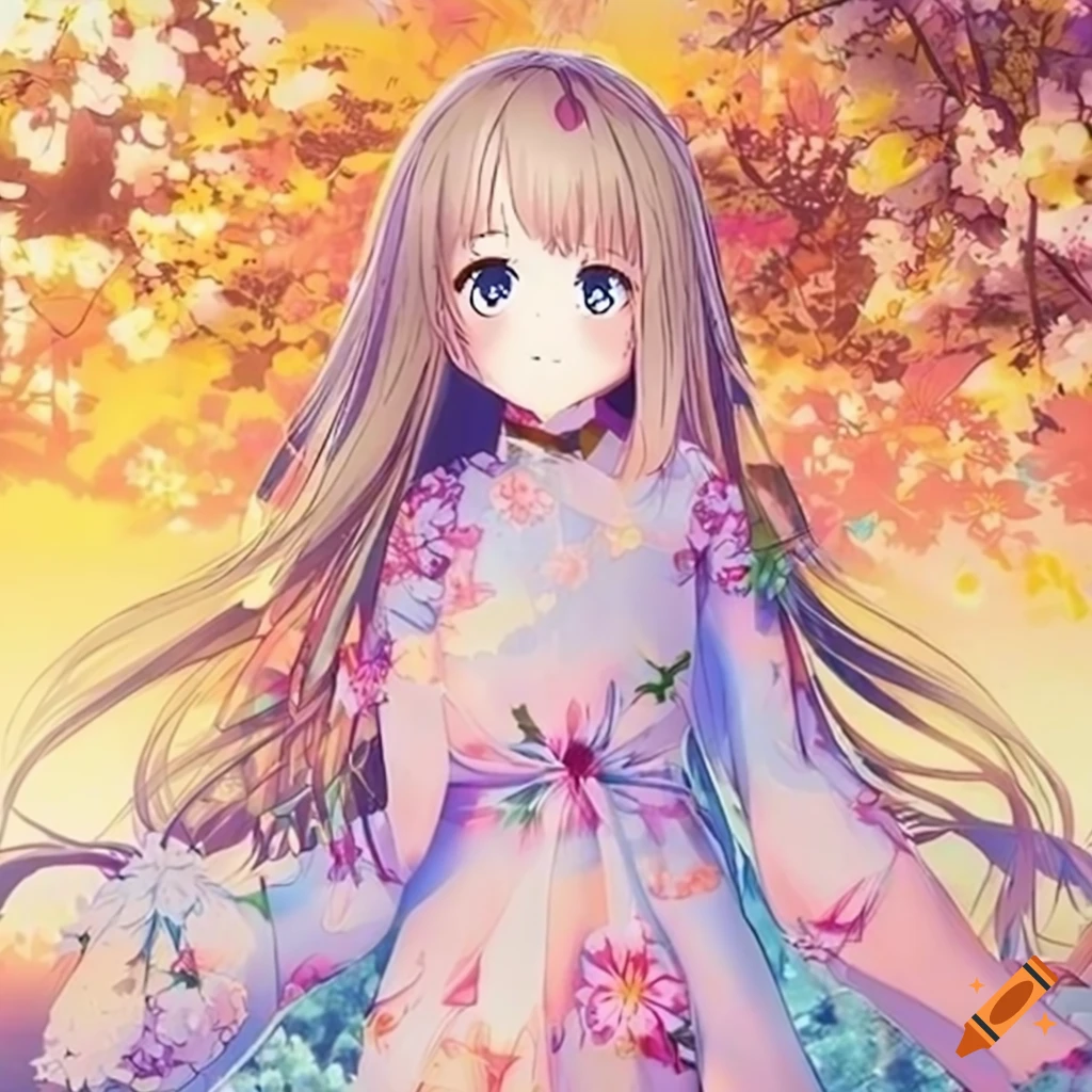 Anime girl in floral dress in serene garden with cherry blossoms