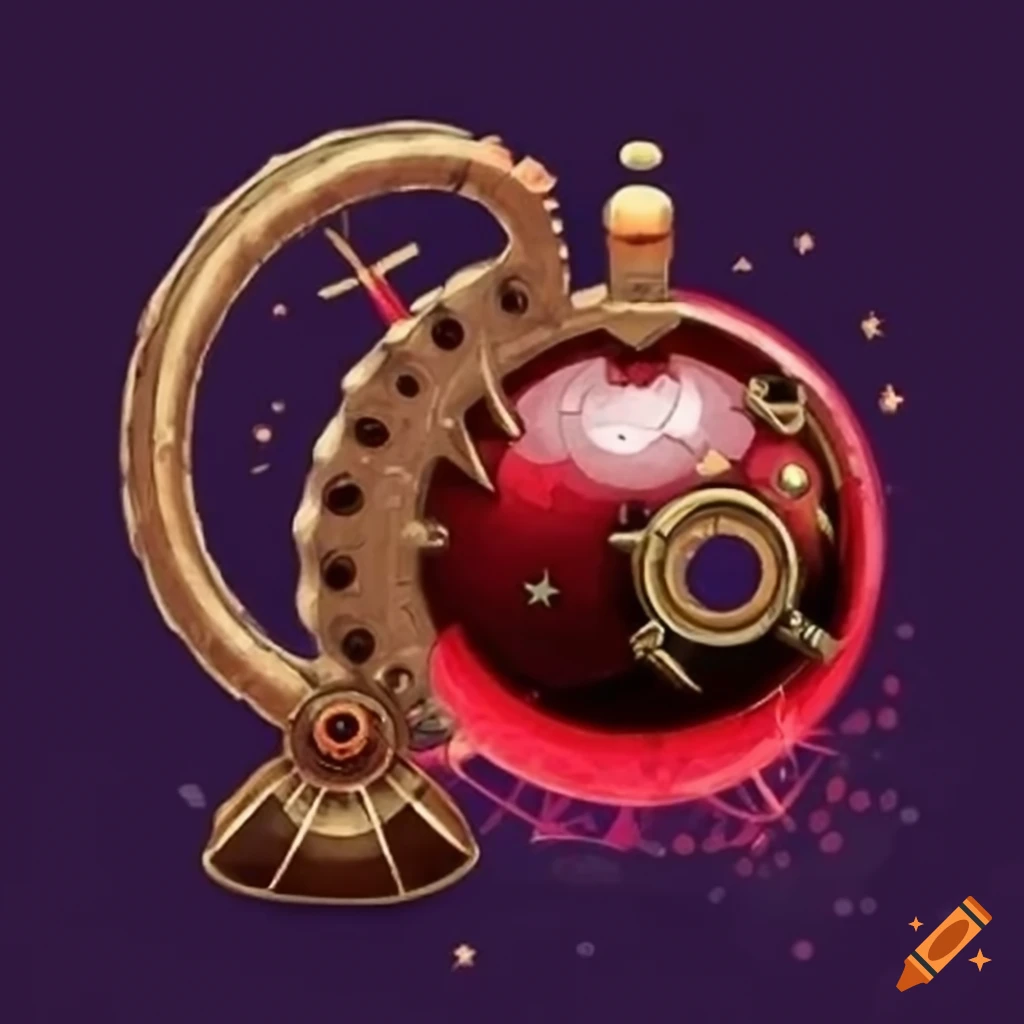 Steampunk red heart-shaped bomb with many gears and a witch holding a crystal ball showing stars, art by Studio Ghibli