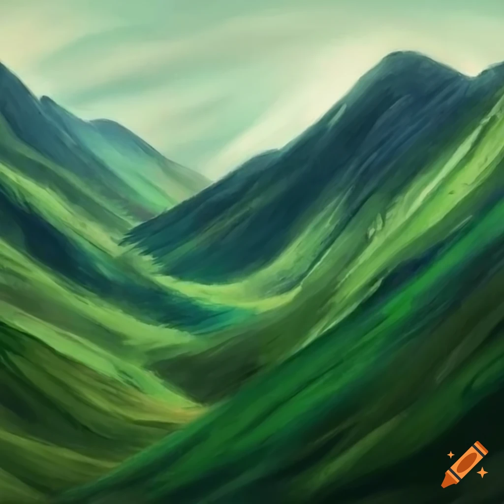 Realistic drawing of a valley between hills and mountains in faded green colors