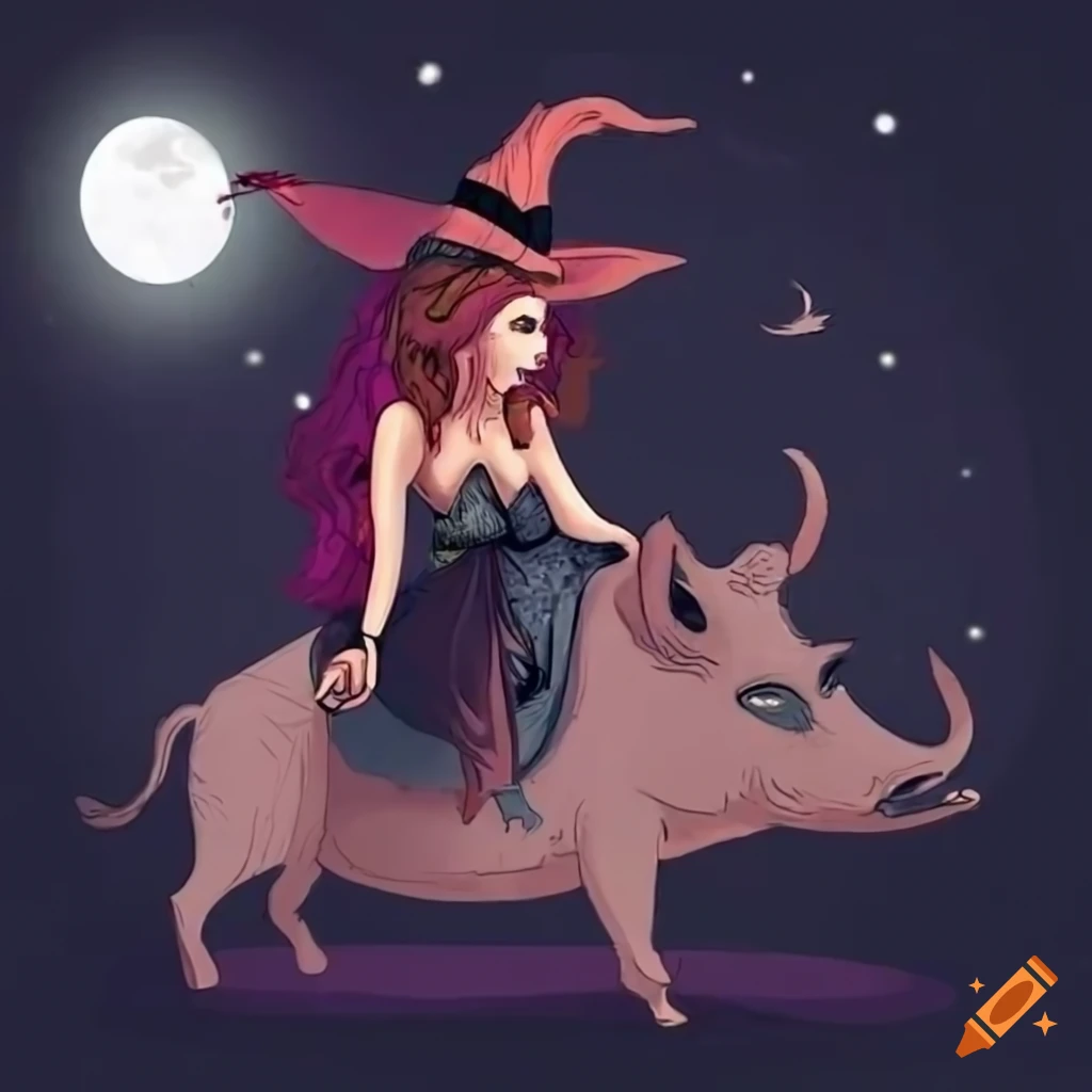 Beautiful witch riding a hog under a full moon in a fantasy scene