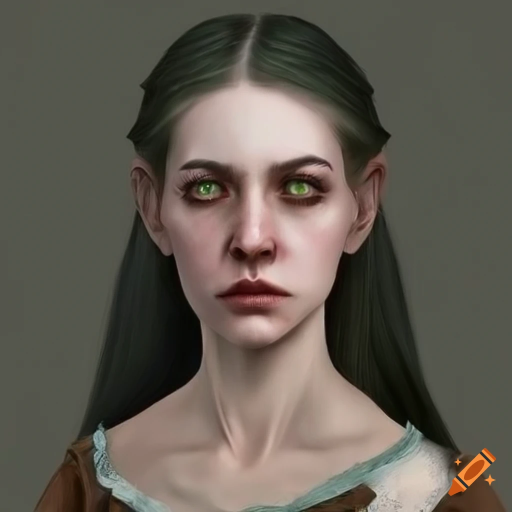 Portrait of a white female with green eyes and long dark hair in ...