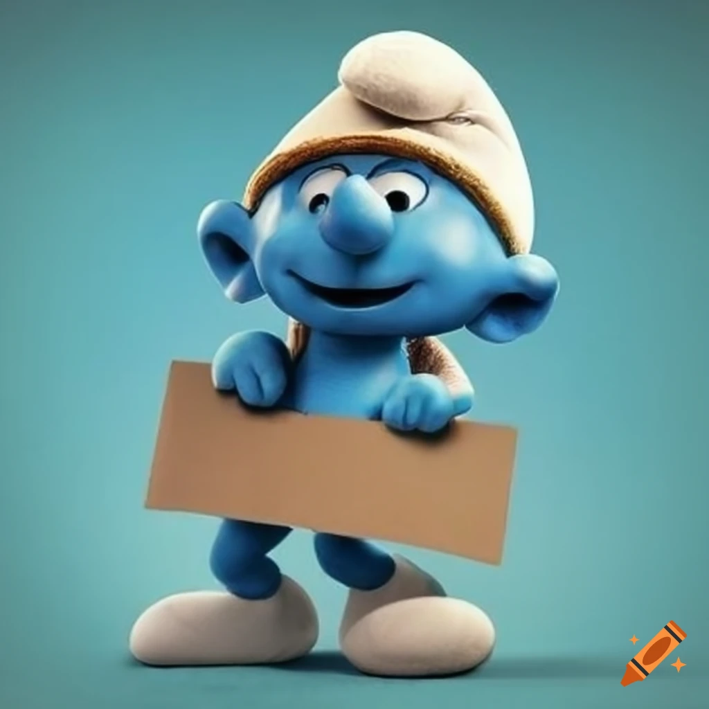 Smurf holding a cardboard with 'stroumfeki' written on it