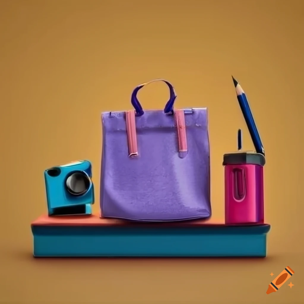 Stationery items on a platform with a yellow background