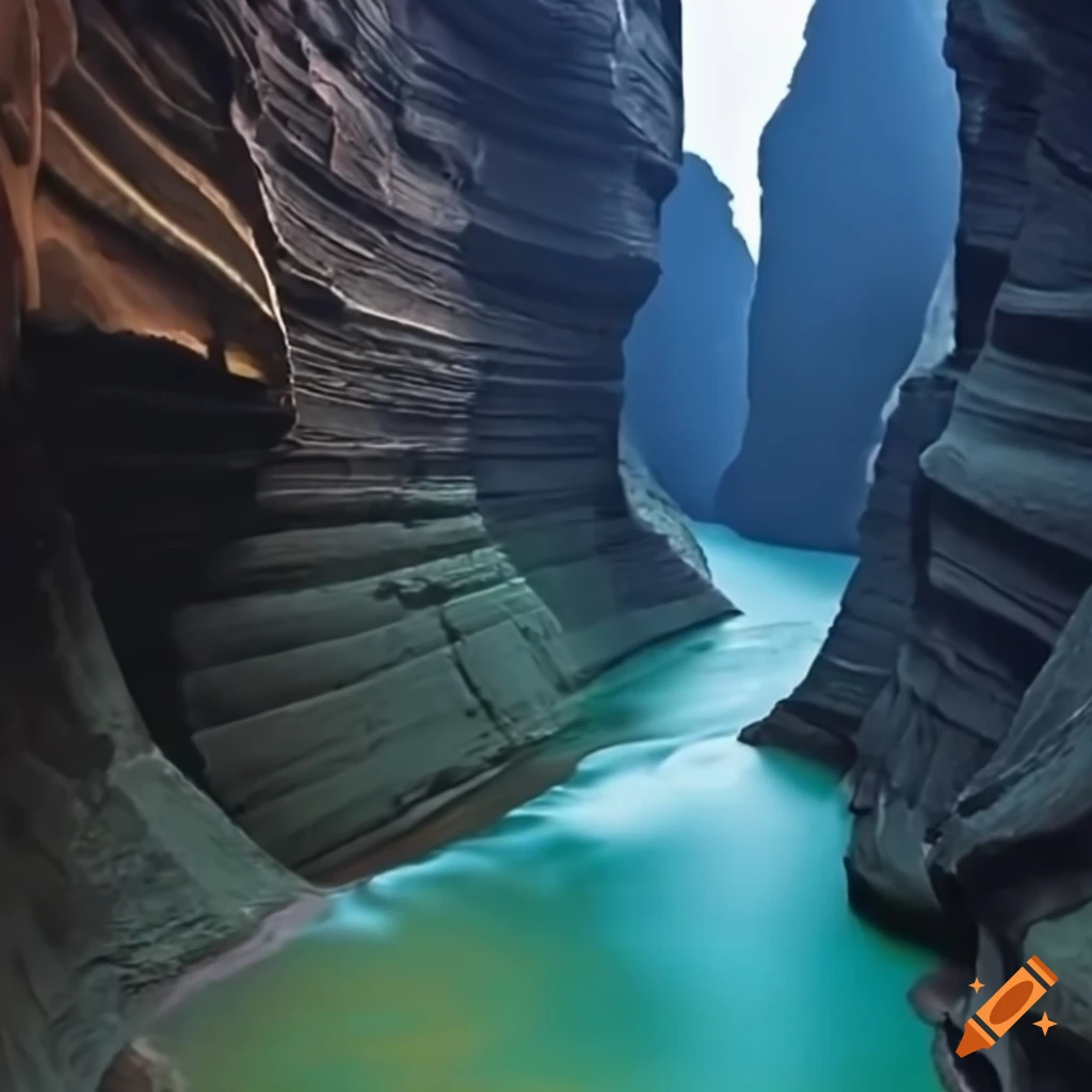 Underwater canyon scene with a city in the depths, atmospheric lighting