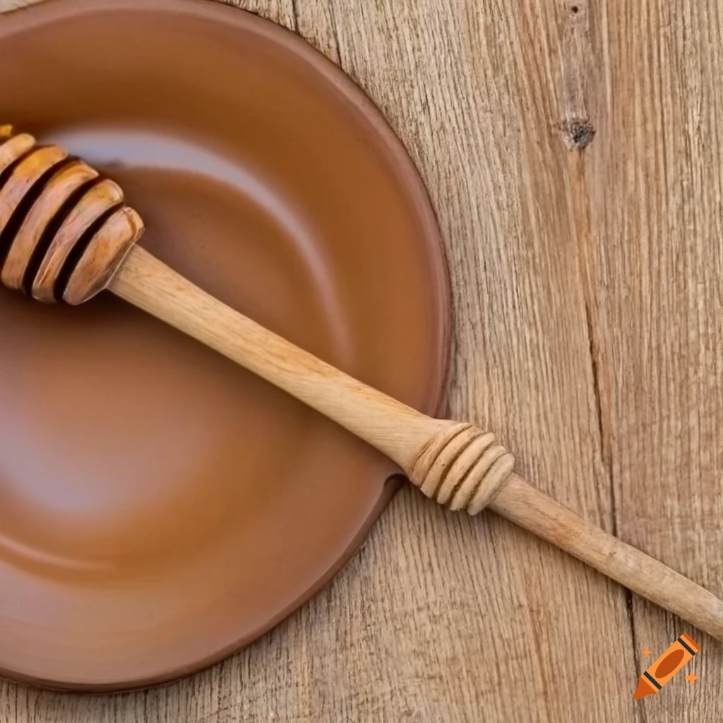High-resolution photograph of a rustic wooden honey spoon with visible wood grain and the word 'SOON'
