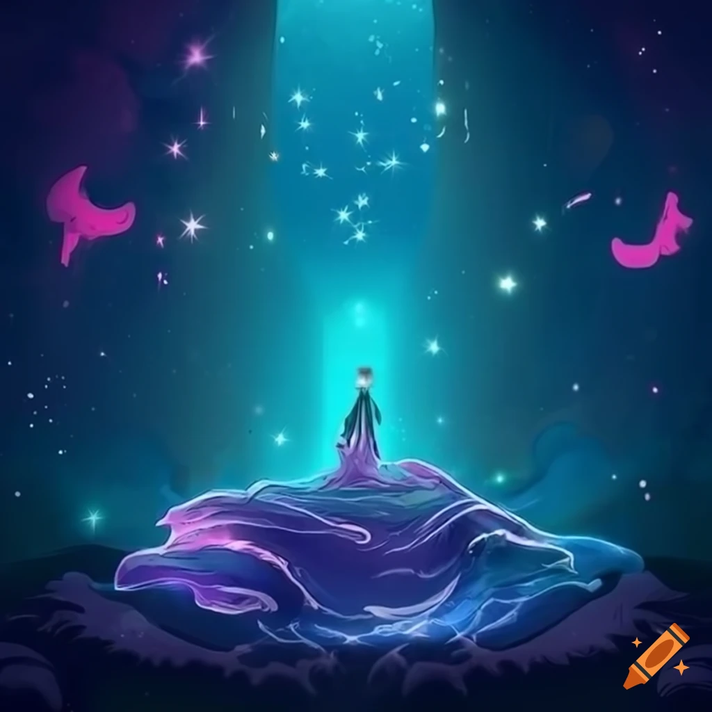 Anime-inspired logo of mystical water oasis under Aquarius constellation