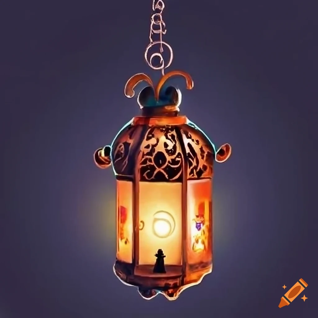 Ornate lantern hanging from a tree under the full moon