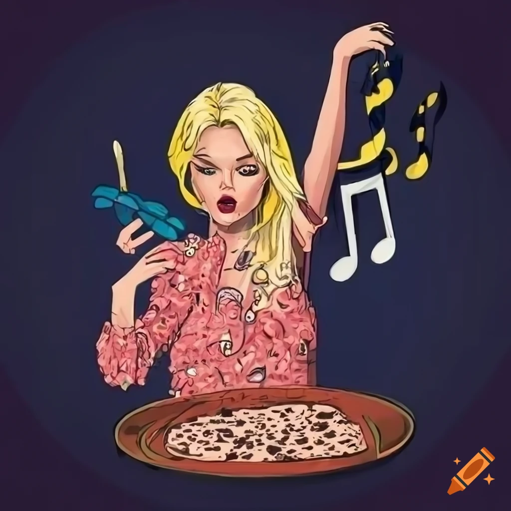 Comic style minced meat with a pretty blonde woman and music notes