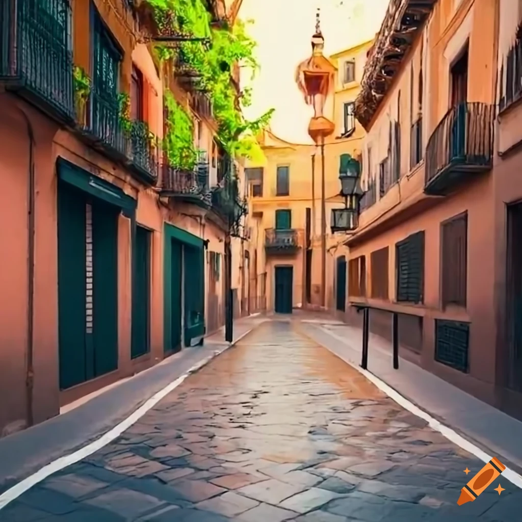 Spanish street with buildings and trees on sidewalks
