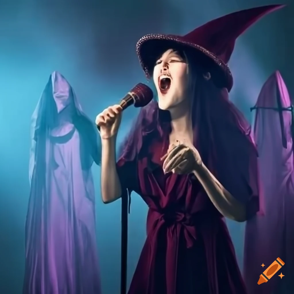 Witch with long robes and hat singing into a vintage microphone on stage