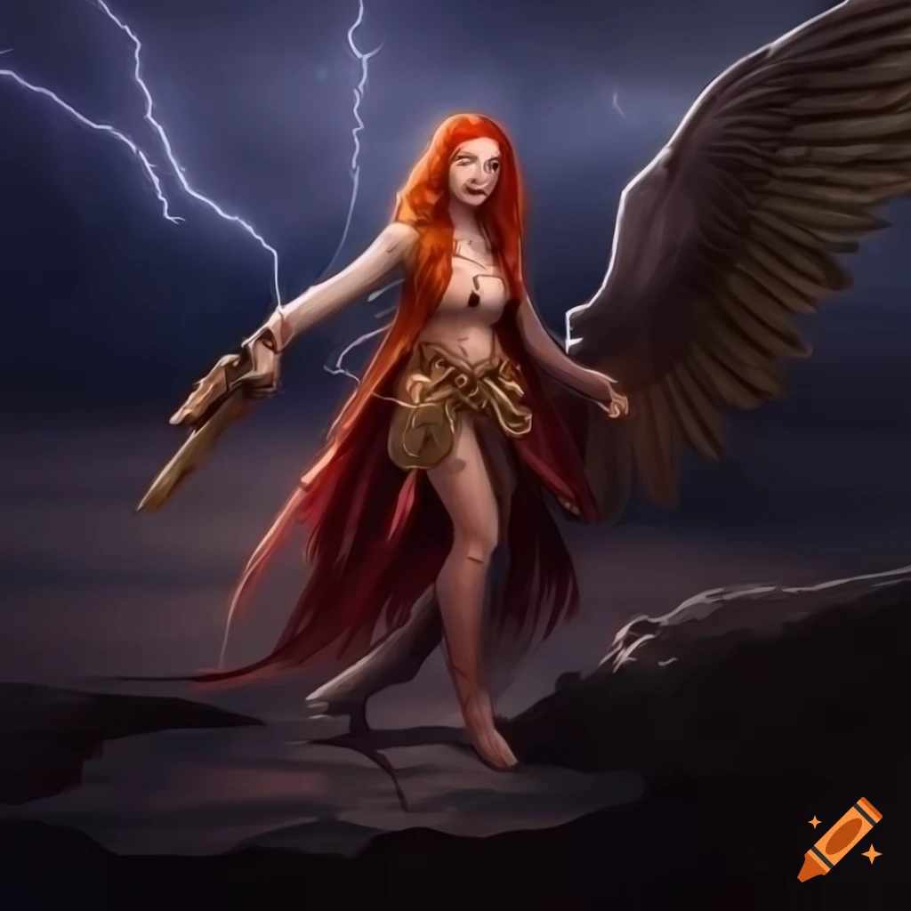 Red-haired Aasimar with wings standing on a clifftop in an electrical storm