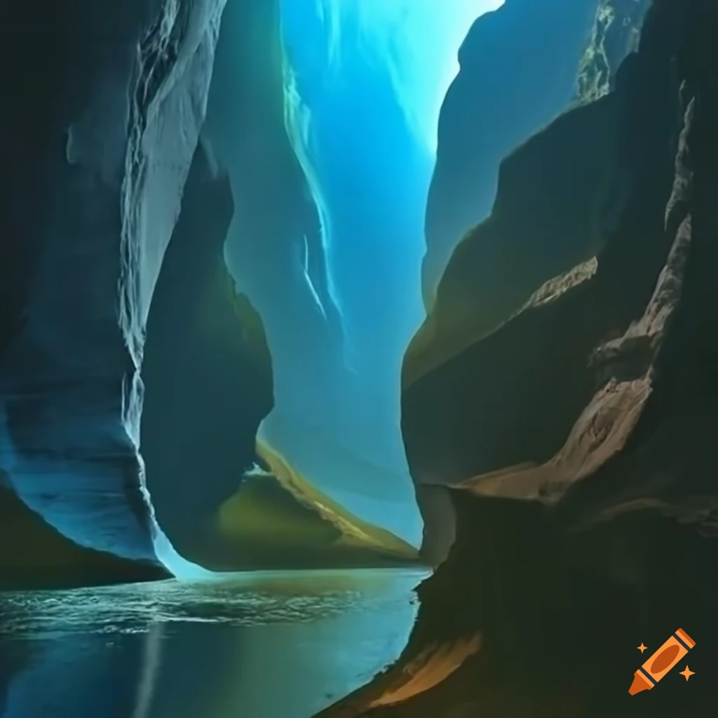 Underwater canyon with a city and atmospheric lighting