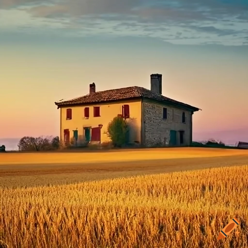Serene countryside sunset in Italy with old stone farmhouse and golden wheat fields