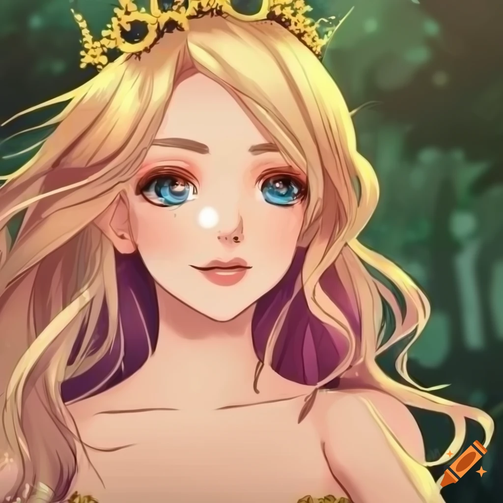 Princess with blonde hair in a pink voluminous dress holding a yellow flower in a forest